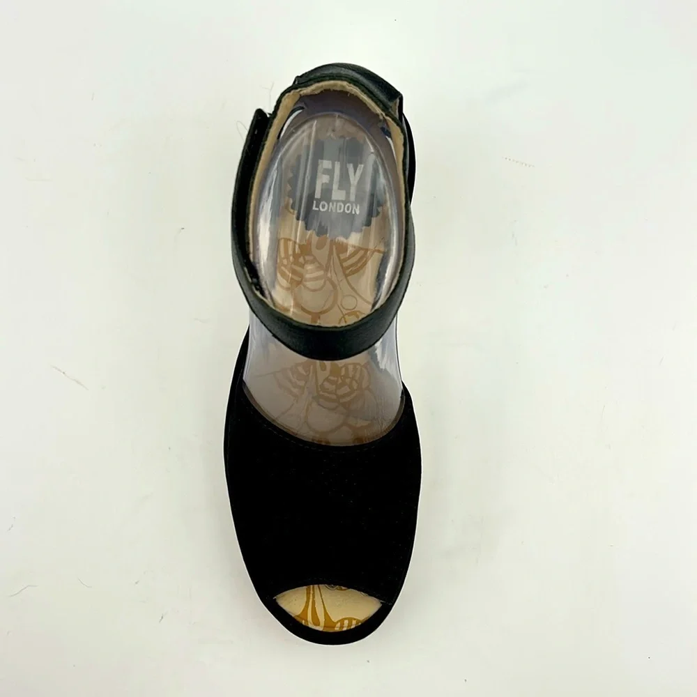 Fly London Black Suede & Leather Peep Toe Wedge Sandals - Size EU 37 / US 6.5–7